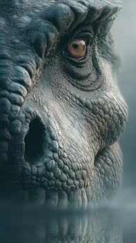 Majestic dinosaur close-up featuring textured skin and piercing gaze in a misty environment photo