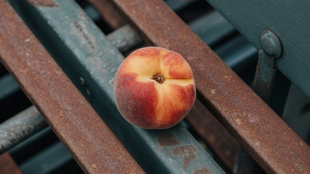 A peach sitting on a bench photo