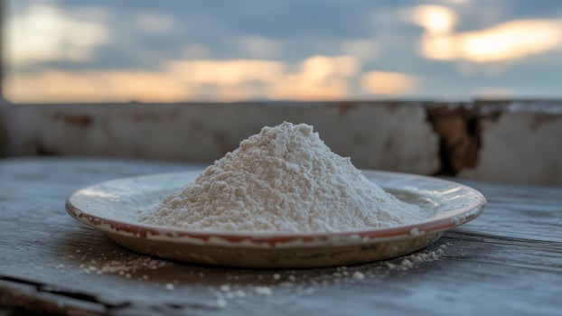 A bowl of white powder sitting on a wooden table photo