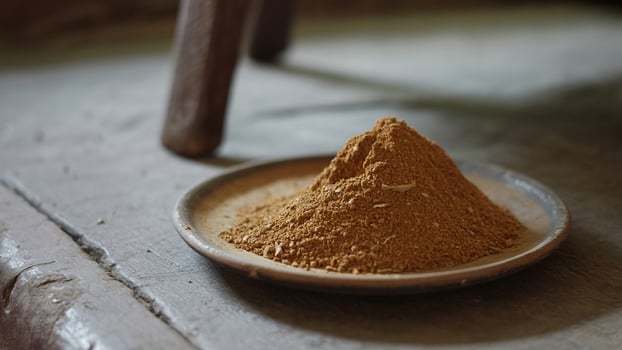 A bowl of brown powder sitting on top of a table photo