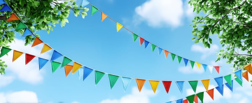 The colorful bunting decorations swaying gently under a bright blue sky. photo