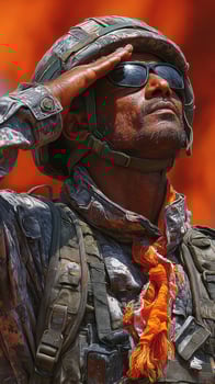 Soldier saluting with pride against a dramatic, fiery background during military operation training photo
