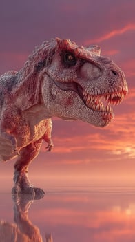 Dinosaur stands majestically against a vibrant sunset reflecting on calm waters photo