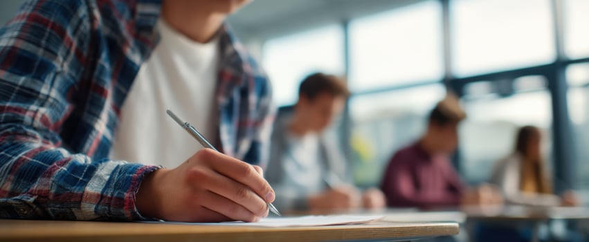 The student writing intently during an important examination in a classroom setting. photo