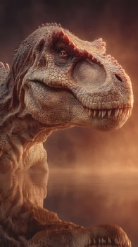 Dinosaur emerges from misty waters at dawn, showcasing magnificent features and powerful presence photo