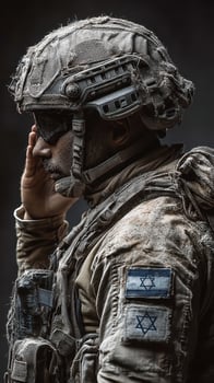 Soldier in dusty uniform salutes with Israeli flag patch during training exercise in arid environment photo