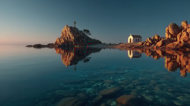 Serene water landscape with a rocky outcrop and small chapel at dawn in a coastal region photo
