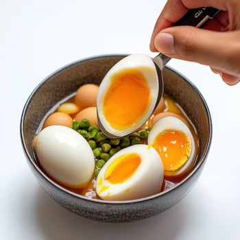A person holding a spoon over a bowl of eggs photo