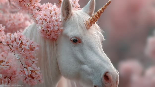Unicorn surrounded by pink cherry blossoms in a tranquil garden during springtime photo