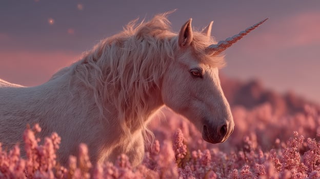 Unicorn standing gracefully in a field of pink flowers under a vibrant sunset sky photo