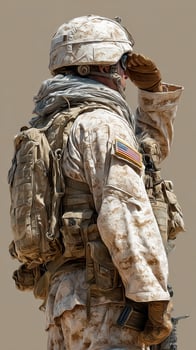 Soldier saluting in military uniform with American flag during outdoor ceremony in a warm environment photo