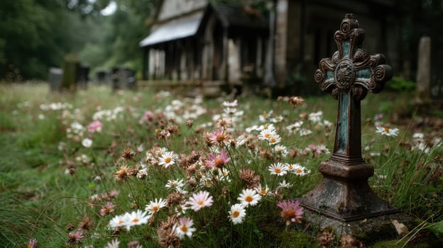Floral overgrowth surrounds a weathered cross in an abandoned cemetery during late afternoon photo