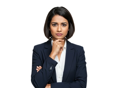 Businesswoman with crossed arms and skeptical look, isolated on white background photo
