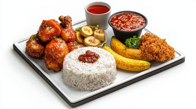 A plate with rice, chicken, bananas and sauce photo