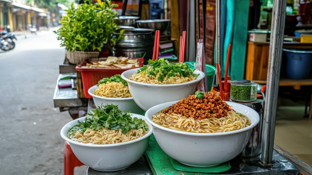 A line of bowls of food photo