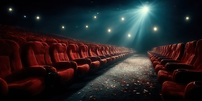 Empty theater with red seats illuminated by stage lights at night during a film screening photo