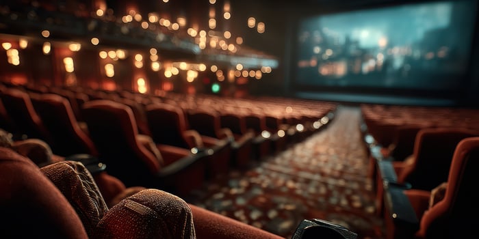 Interior of a vintage theater with empty red seats and a large screen displaying a classic film at night photo