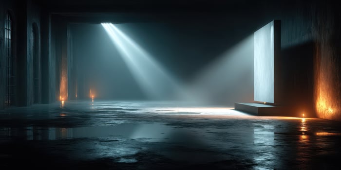 Moody lighting enhances empty industrial space with shadows and reflections at dusk photo