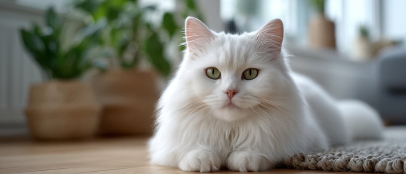 Fluffy white cat stretching on sunlit floor in minimalist living room indoor relaxing view photo