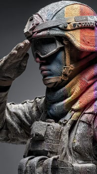 Soldier saluting in a dust-covered uniform amidst a dramatic setting at dusk in a challenging environment photo