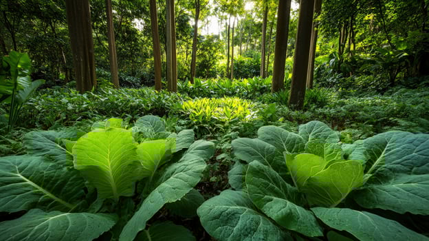 A green field of cabbage plants in the forest photo
