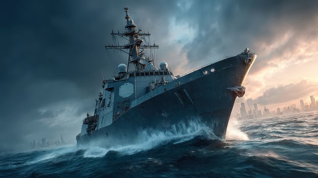Battleship navigates stormy seas during twilight hours with a city skyline in the background photo