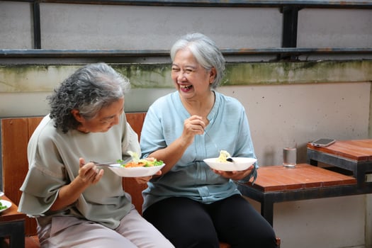 Happy Retirement Lifestyle with Friends, Senior Asian Women Enjoying Healthy Meal Together Outdoors, Elderly Friends Sharing Food and Conversation photo