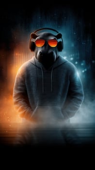 Hippo wearing headphones in a hoodie stands against a dramatic blue and orange background, immersed in music during nighttime photo