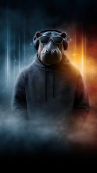 Hippo wearing sunglasses and headphones in a stylish urban environment with dramatic lighting photo