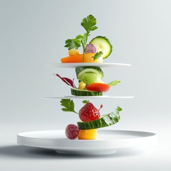 Three layered plates with different types of food photo