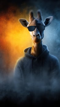 Giraffe wearing sunglasses and a hoodie standing confidently against an artistic orange and blue background photo