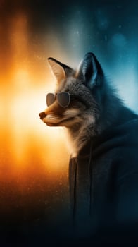 Cool fox character wearing sunglasses and a hoodie against a colorful backdrop photo