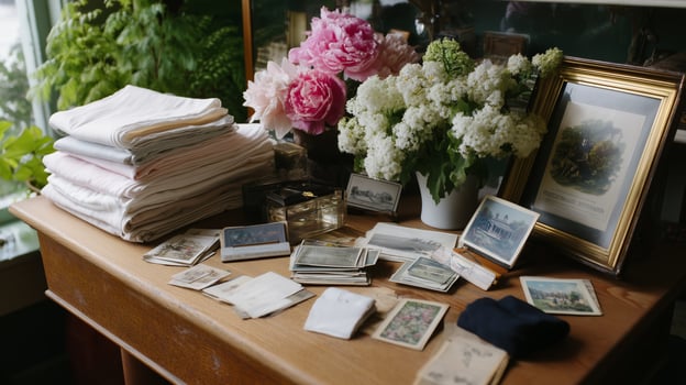 Vintage photographs and fresh flowers arranged on wooden table in a cozy room setting photo