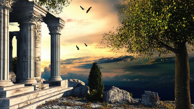 Ancient greek temple with columns and trees photo