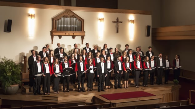 A choir in a church with a choir leader and choir members photo