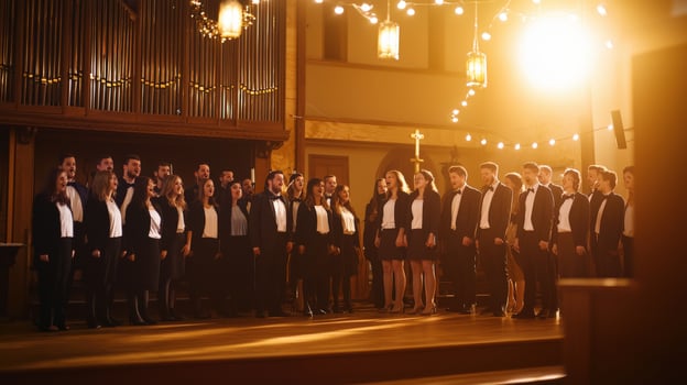 Choir singing in church with light shining on them photo