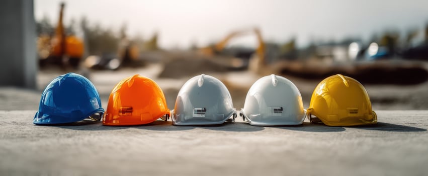 The colorful hard hats representing construction safety and teamwork on site. photo