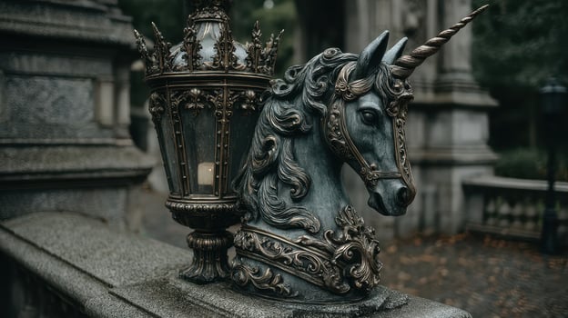Elegant unicorn sculpture beside a vintage lantern in a historic setting during a cloudy afternoon photo