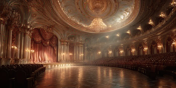 Elegant historic theater interior with grand chandelier and velvet curtains in soft lighting photo