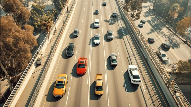 Cars driving on a freeway with trees and buildings in the background photo