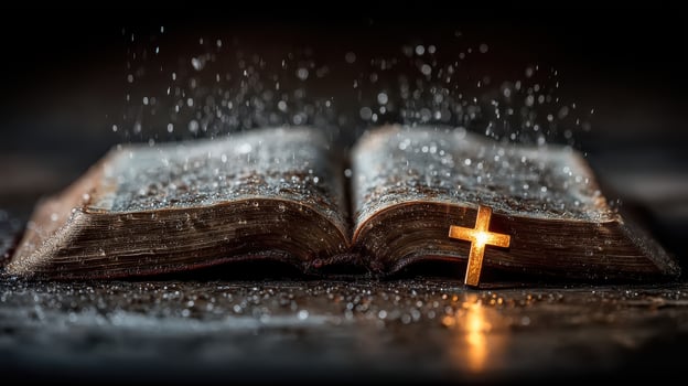 Creative depiction of an open book with water droplets and a glowing cross in dim light photo