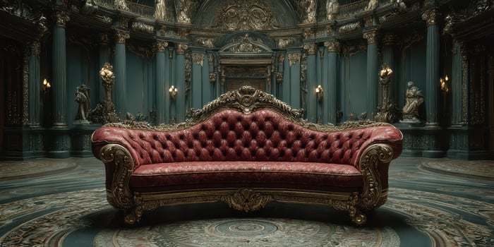 Luxurious vintage red sofa in an ornate historic interior with intricate details and elegant decor photo