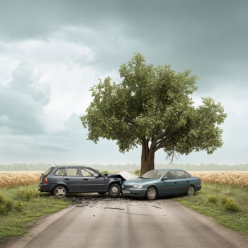 Two cars are parked next to a tree photo