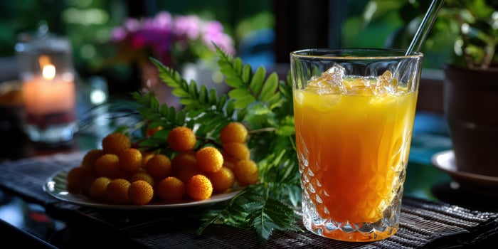 Refreshing citrus drink served with ripe fruits in a cozy setting during afternoon sunlight photo