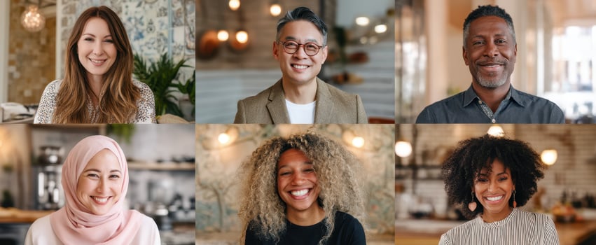 The diverse group of smiling individuals in a warm, inviting setting. photo