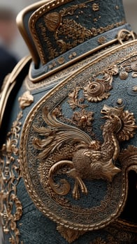 Ornately detailed armor showcasing intricate designs of a dragon and floral patterns at a historical exhibition photo