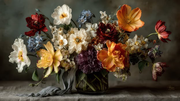 Beautiful mixed bouquet of fresh flowers arranged in a glass vase on a textured surface photo