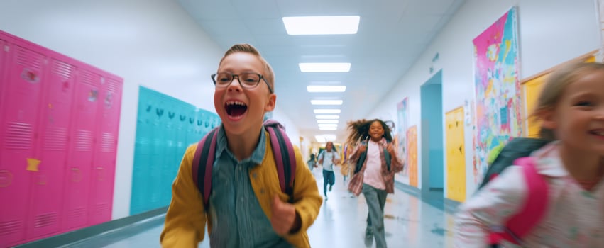 The joyful children running down the colorful school hallway in excitement. photo