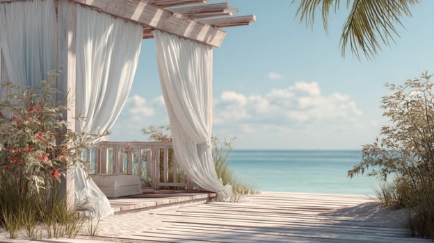 White Gazebo with Sheer Curtains Overlooking a Tropical Beach photo