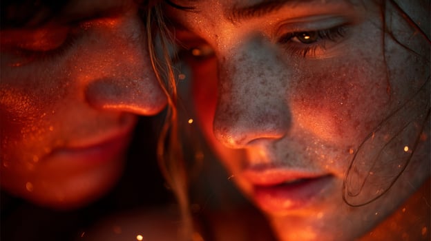Close-Up Portrait of Two Women Illuminated by Red Embers photo